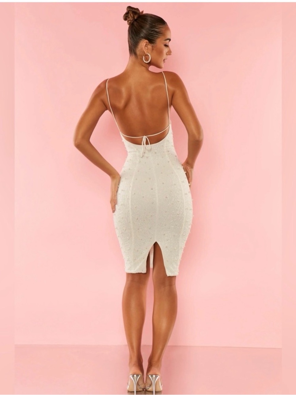 Oh Polly White Pearl Beaded Midi Dress Open Back Bodycon Size US 2 UK 6 - Picture 2 of 5